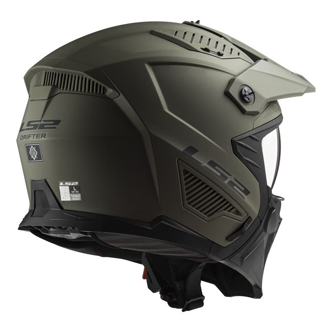 The LS2 Drifter helmet is a trial helmet with an aggressive design. A great choice for cruisers; trials; or just riding the city streets. Removable chin guard and adjustable and removable peak. Made of polycarbonate material for lightness and greater safety. Ability to swap from light to dark visor. The helmet is ECE 22.06 approved.