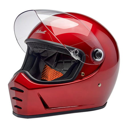 Progressively styled and rigorously tested; the Biltwell Lane Splitter; ECE 06 and DOT approved; helmet is a top choice for riders who demand comfort and high performance. The aggressive looking lines of this helmet truly set it apart in the retro-styled helmet market. Features include a rugged ABS outer shell with hand-painted finish; ventilated and shock-absorbing EPS safety liner with gorgeous hand-stitched interior padding; removable cheek pads; clear anti-fog and anti-scratch CE-certified shield. Also 