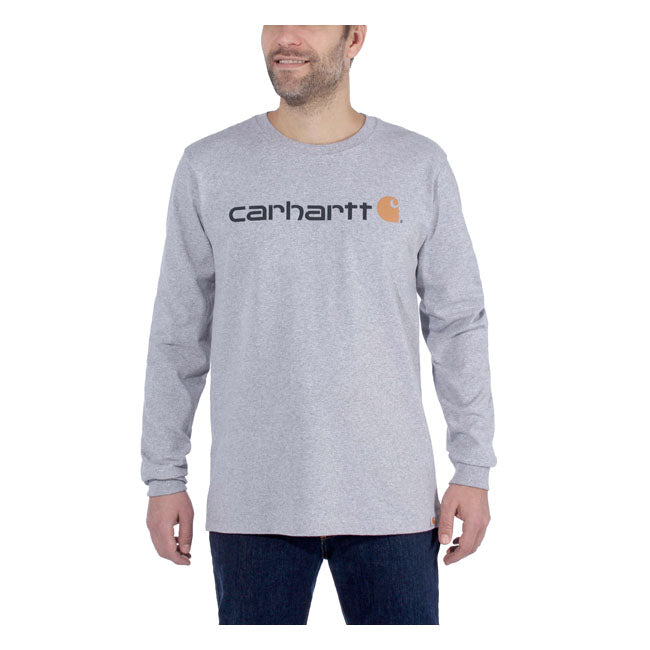 For generations; Carhartt has created rugged clothing for workers facing the roughest conditions. This Logo graphic long sleeve bears the name in raised letters on the front. It is made from a heavyweight cotton blend that''s durable enough for the workday and soft enough for the weekend. Relaxed Fit Long Sleeve Rib knit crew neck Rib knit cuffs Flat two needle cover stitch hem Carhartt "Signature Logo" plastisol graphic print on front 6.75 oz/ydý - 229 gsm Heavyweight jersey