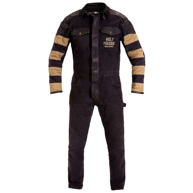 The Tutonero from Holy Freedom is more than a one-piece suit. It''s the official Holy Freedom crew uniform; built for riders who live in the fast lane. Made from stretch cotton twill for all-day mobility; it features vintage-style treatment; striped fabric sleeve inserts; and bold embroidery that hits hard on both chest and back. Leather panels at the shoulders and elbows add abrasion resistance and attitude; while a central leather windproof flap keeps the elements in check. With front patch pockets; trous