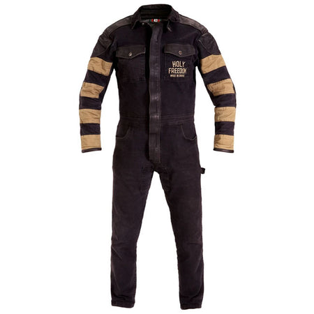 The Tutonero from Holy Freedom is more than a one-piece suit. It''s the official Holy Freedom crew uniform; built for riders who live in the fast lane. Made from stretch cotton twill for all-day mobility; it features vintage-style treatment; striped fabric sleeve inserts; and bold embroidery that hits hard on both chest and back. Leather panels at the shoulders and elbows add abrasion resistance and attitude; while a central leather windproof flap keeps the elements in check. With front patch pockets; trous