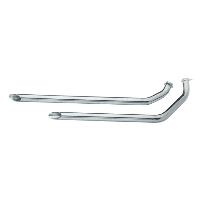 S-pipe 1-3/4" diameter; straight cut end. Without baffles. With high mounted rear pipe. Also good solution to use as head pipes on which mufflers can be mounted. Extra short; for mounting mufflers withut cutting. Rigid frame; kickstart only. Heatshield rear 903403.  Note: The S-pipe system is a 2-piece front header; like OEM; which is flattened to fit between generator and frame tube for improved ground clearance in right turns.  Note: Heatshields must be ordered separately when required. When heatshields a