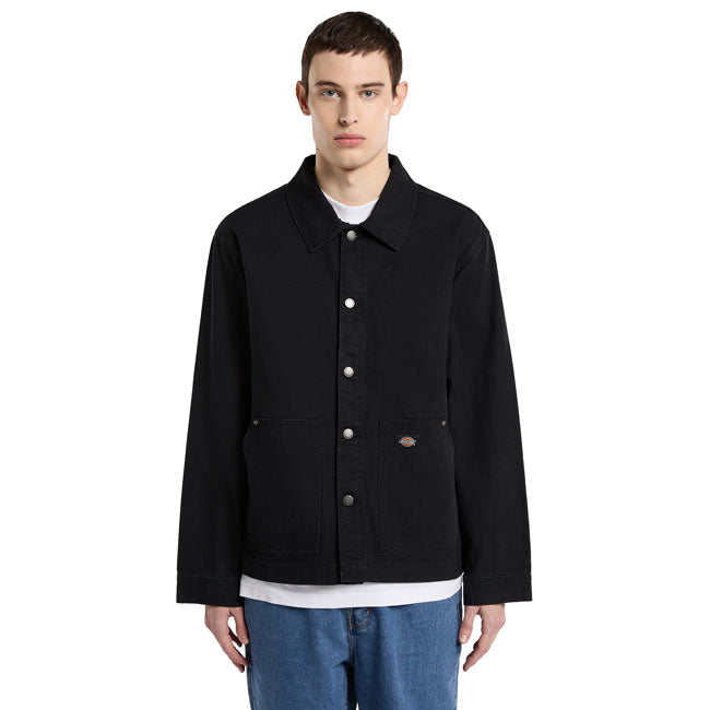 The Dickies Barn unlined canvas jacket is a relaxed fit; unlined chore coat. Made out of durable 12oz cotton canvas; featuring front patch pockets with metal rivetreinforcements; front shank buttons; and woven dyed-to-match Dickies label on the left patch pocket. A timeless chore coat that never goes of of style. 100% cotton 12oz cotton canvas