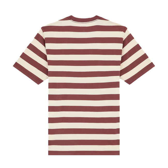 The Dickies Rivergrove t-shirt is a regular fit short sleeved t-shirt. The classic crewneck t-shirt made of BCI certified cotton jersey; featuring the woven Dickies label on the chest and all-over horizontal block stripes. A simple soft cotton T-shirt with a collegiate feel.