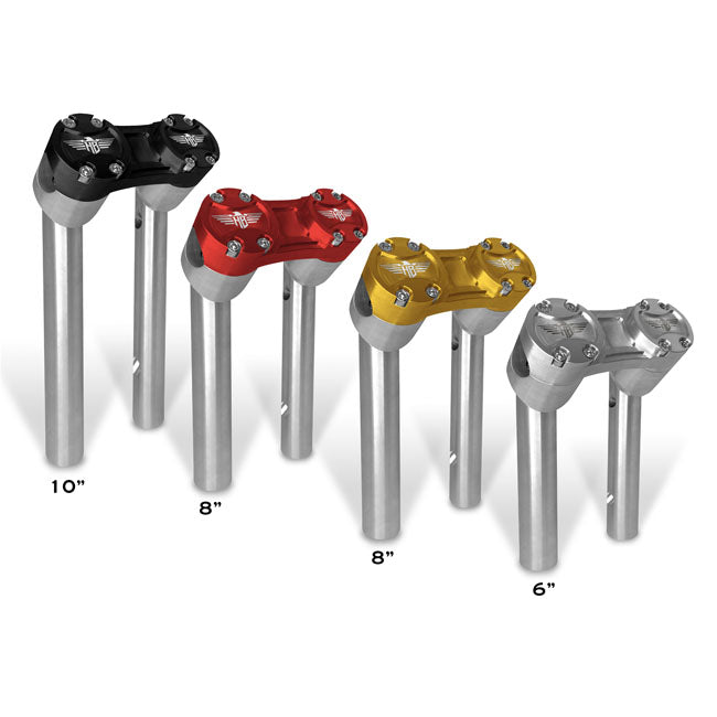 Silver anodized 6" risers with a Red anodized top clamp and a 1-1/4" (32mm) handlebar clamping area. Premium quality 3-D CNC machined billet aluminum riser set. Compatible with all bikes with the H-D 3.5" center to center mount holes. With one-piece upper bridge that offers exceptional torsional rigidity and stability; for best control in any circumstance. Designed to route ''invisible'' wiring internally for the cleanest look. Complete with the HeinzBikes Eagle Logo; machined on the handlebar top clamp. - 