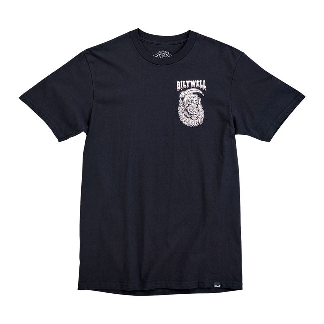 Drawn up by Jake "Creep" Crawley this Biltwell t-shirt has crispy; high-contrast graphics. The 100% pre-shrunk 6oz cotton t-shirt is detailed with hand-screened water-based inks; woven clip tags and the irritating collar tag has been replaced by a screen-printed label. The perfect t-shirt blank - it''s got a buttery feel and is thick enough to be durable; but not a baggy old man shirt. It''s a true regular-fit; not a super thin slim-fit.