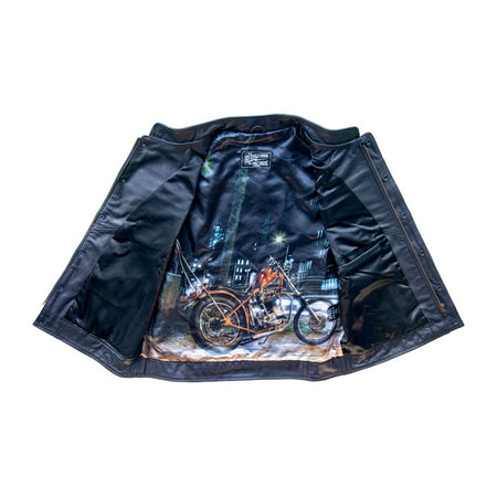We proudly present the new 13 « leather vest; the Night-Rider! A classic styled vest made of drum dyed buffalo leather. On the lining of the jacket we've printed a true seventies survivor. According to the old registration papers this 1968 Triumph T120 Bonneville chopper was built in 1970 by a guy named James M. Fenske somewhere in New Jersey; USA. It had many owners since then; but no one ever changed anything on it. Finally it was sold to a chopper enthusiast in Amsterdam; where we had the opportunity to