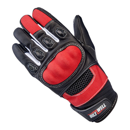 Like other leather/textile hybrids on the sport bike grid; the Biltwell Bridgeport glove features rugged construction and a racy silhouette. Supple goatskin leather; three-ply vented polyester; ballistic nylon; and CE-certified impact- and friction-zone reinforcement makes our most advanced three-season riding glove ready for business.  - Supple goatskin leather palm; fingertips; thumb; and friction panels.  - Flexible thermoplastic rubber wrist tab with molded impact protection.  - Anatomically-shaped synt