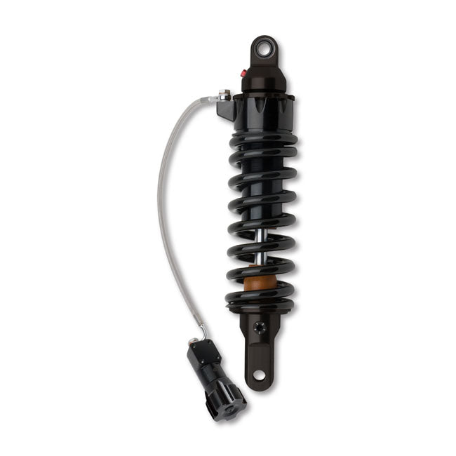 12.2" (309mm) -24mm lower; Heavy Duty Springs; Black Anodised; RAP (Remote Access Pre-load). Great replacement single shock. Manufactured with a high pressure nitrogen filled black hard anodized aluminum body; with a large 46mm bore and deflective disc damping. Comes with Regular threaded or RAP (Remote Adjustable Pre-load) located behind the left passenger peg; for easy accessible adjustments. Rebound damping is 5-position adjustable. Available in stock; over and undersize lengths to accommodate the variou