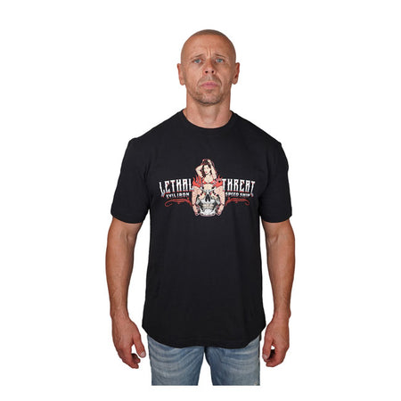 Here we have a fantastic and creative design idea in the Evil Iron Speed Shop T-shirt of Lethal Threat. This T-shirt comes in "Real Men Sizing" meaning a looser; bigger; more comfortable fit; full color front and back screen print and manufactured from a soft 100% preshrunk cotton fabric for the perfect fit.