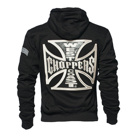 Heavy-weight; double-layered; high collar hoodie; made of 50% cotton and 50% polyester; with fully embroidered cross logo on the chest and Choppers for Life on the left arm to keep you warm on colder days. The cross at the back is a combination of printing and embroidery.