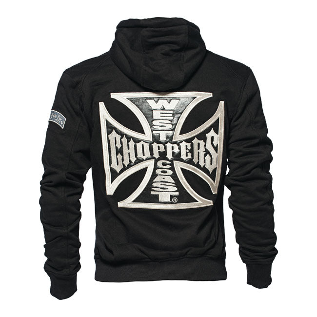 Heavy-weight; double-layered; high collar hoodie; made of 50% cotton and 50% polyester; with fully embroidered cross logo on the chest and Choppers for Life on the left arm to keep you warm on colder days. The cross at the back is a combination of printing and embroidery.