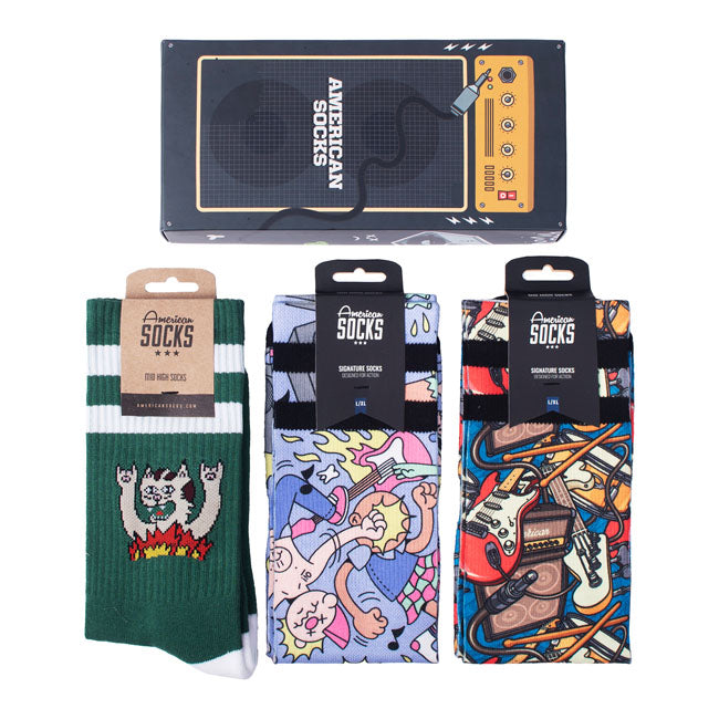 The Sock Gift Boxes from American Socks are more than just socks in a box. Each set comes with 3 pairs of our best crew socks designs; created in collaboration with artists. From a skateboard-shaped box to a coffin with Dracula or a guitar amp; every gift set is as unique as what's inside. Perfect as a birthday present or just because you can; the sock gift boxes are unisex and made to thrill skaters; surfers; gamers; music fans and anyone into tattoo designs. Find your perfect gift box and surprise someone