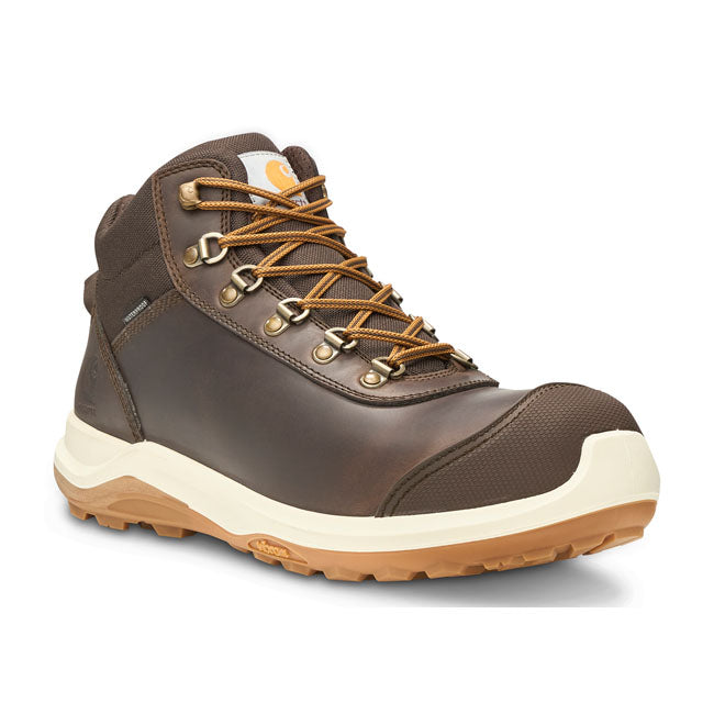 Walks like a sneaker but it is the Wylie safety boot of Carhartt with EN ISO 20345:2012 (S3) and AS/NZS 2210.3:2009 approved. Made of full grain leather which is hydro treated; with textile upper and TPU abriasion toe cap. Features Spotex waterproof membrame; mesh lining; compressed textile anti-penetration plate made from 90% recycled fibres and expanded injection polyurethane with micro-bubbles for a lighter density midsole.