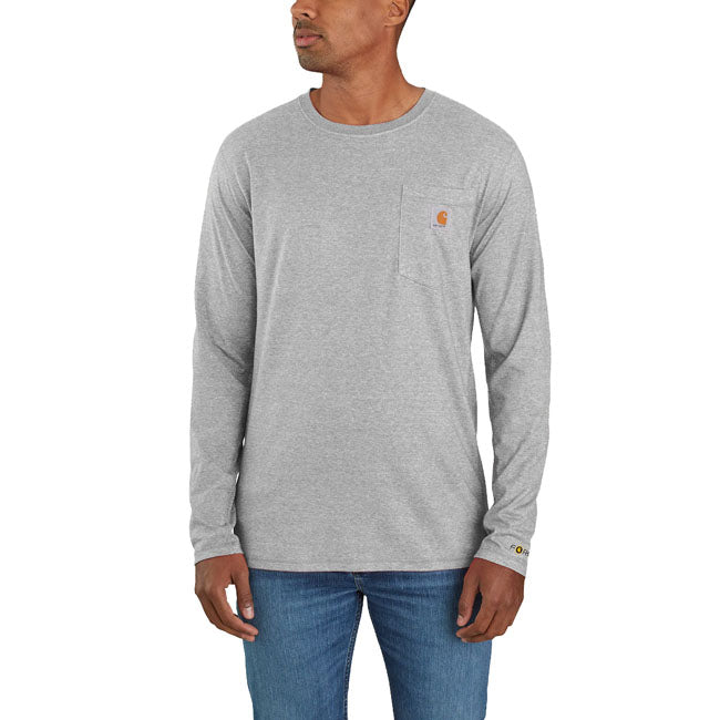 The hotter it is outside; the harder it is to stay focused. This Carhartt ForceT long sleeve is super-lightweight and airy; so you feel your best when the mercury rises. Made for the most demanding jobs; it also dries fast; and features plenty of stretch. Reflective taping helps add visibility on days you''re out before the sun. Relaxed Fit Carhartt ForceT - FastDryT Technology is engineered to fight sweat and dry fast; so you stay cool and comfortable 24/7 Long Raglan Sleeve Rib knit crew neck Left ch