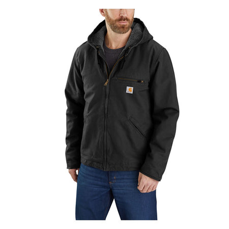 This Carhartt sherpa-lined jacket is built to withstand wind; cold; and tough days on the job. The heavyweight cotton duck exterior is rugged and long-lasting but sanded and brushed for softness. The sherpa lining provides additional warmth and comfort. Relaxed Fit Wind FighterT - Wind resistant Attached three-piece hood with Sherpa lining and adjustable draw cord closure Left chest pocket with zipper closure Two sherpa-lined lower front pockets Two interior pockets Full-length front zipper Inner sl