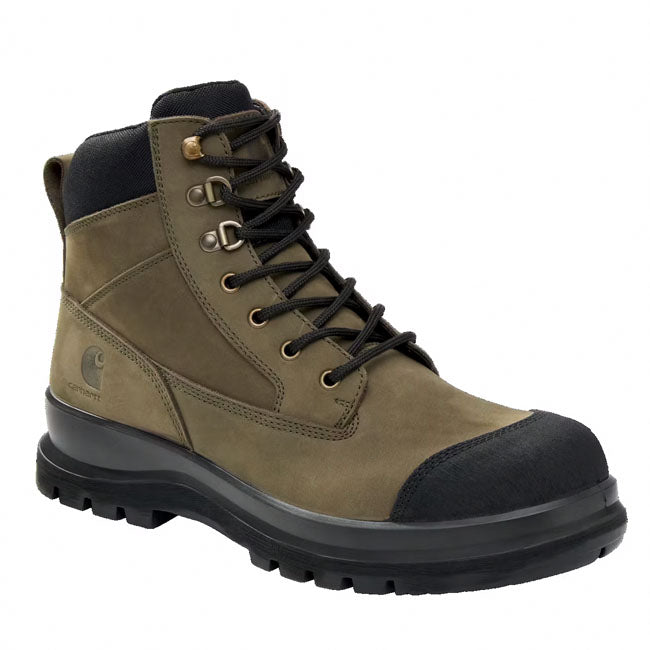 This Carhartt Detroit rugged water-resistant safety boot with medial YKK zip for convenient quick and easy foot entry; made with quality leather; this boot can be worn on or off-site with ease in dry conditions and areas where light water sprays may occur. Built with a fiberglass safety toe; this boot upholds S3 standards and will protect your feet from 200 joules of weight and impact. Comfort is also addressed with a padded mesh collar for flexibility; a fully cushioned footbed with shock absorption to red