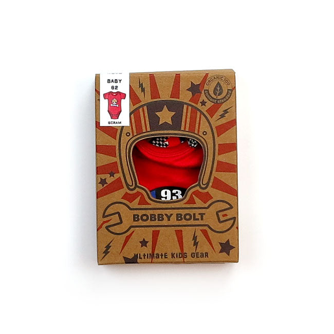 Bobby Bolt; born to be bold! Adventurous; streetwise; rebel; brave; naughty. For the coolest little humans the Scram bodysuit is made from soft 100% organic cotton jersey fabric for ultimate daily comfort. Be bold be brave!