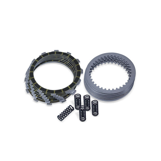 Complete clutch kit features Barnett Performance Products exclusive carbon fiber-segmented friction plates; which provide better oil flow for cooler clutch temps and smoother; more consistent performance. Completing the kit is a set of tempered-steel plates and a set of heat-treated; heavy-duty coil springs. Incl 8 frictions; 7 steels and 6 heavy duty springs.