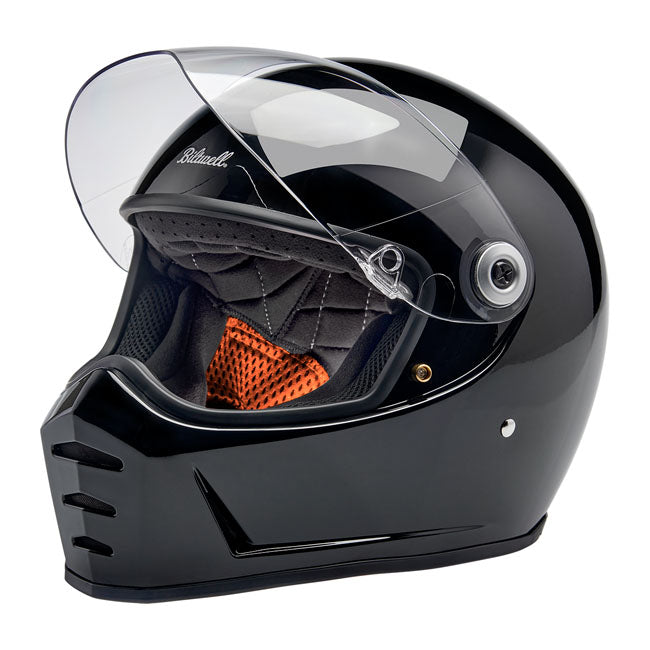 Progressively styled and rigorously tested; the Biltwell Lane Splitter; ECE 06 and DOT approved; helmet is a top choice for riders who demand comfort and high performance. The aggressive looking lines of this helmet truly set it apart in the retro-styled helmet market. Features include a rugged ABS outer shell with hand-painted finish; ventilated and shock-absorbing EPS safety liner with gorgeous hand-stitched interior padding; removable cheek pads; clear anti-fog and anti-scratch CE-certified shield. Also 