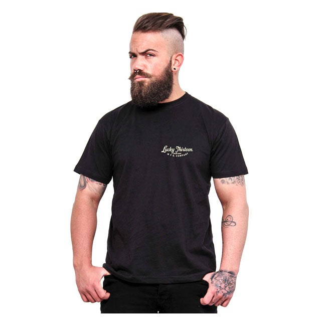 The Lucky 13 Something righteous t-shirt is a soft-spun heavyweight 100% cotton t-shirt. Features rib knit collar; shoulder to shoulder taping; cover seamed neck and double needle sleeves. There is a full print on the back and logo print on the front of the t-shirt. Lucky 13; to the good times!