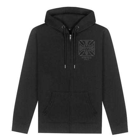 Built for those who live fast and ride hard; the OG ATX zip hoodie from West Coast Choppers delivers heavyweight comfort with unapologetic style. This classic black zip-up features the iconic OG cross logo loud on the back and subtly on the chest; making a bold statement from every angle. Crafted from a thick; durable cotton blend; it's designed to keep you warm whether you're burning rubber; wrenching in the garage; or just kicking back between rides. With a drawstring hood; split kangaroo pockets; and a t