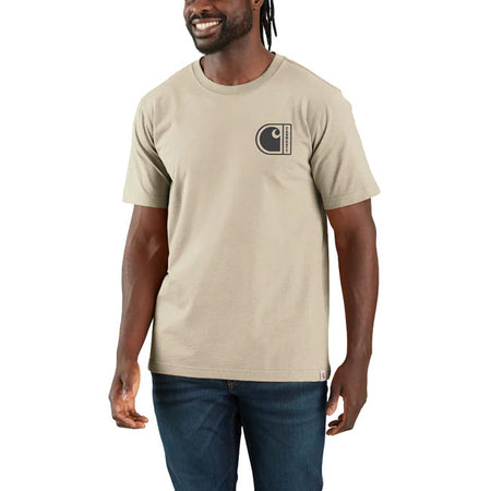 Soft; lightweight; and ready for everyday wear. This Carhartt relaxed-fit t-shirt features a breathable cotton-blend jersey; rib-knit crew neck; and strong stitching-finished with a bold Carhartt "C" graphic on the back. Relaxed Fit Rib knit crew neck Flat two needle cover stitch hem Carhartt "C" graphic on back Woven Lightweight Jersey Cotton/Poly Vortex 60% Cotton/40% Polyester