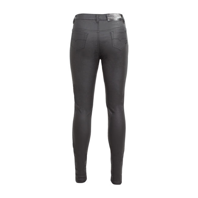 The Betty jegging is specially designed for riding motorcycles and has a cool look due to the wax coating. This vintage slim-fit jeans with medium rise tight fitting waistband is water-repellent; thin; extremely stretch and very safe through a high protective XTM-Fiberr. This is a fiber technology made from the blend DuPontT Kevlarr / Coolmaxr and Lycrar for safety and optimal comfort. Outer material is 97% cotton and 3% lycra. 10.5 oz. denim. These CE appoved pants has built-in armor pockets at the knee an
